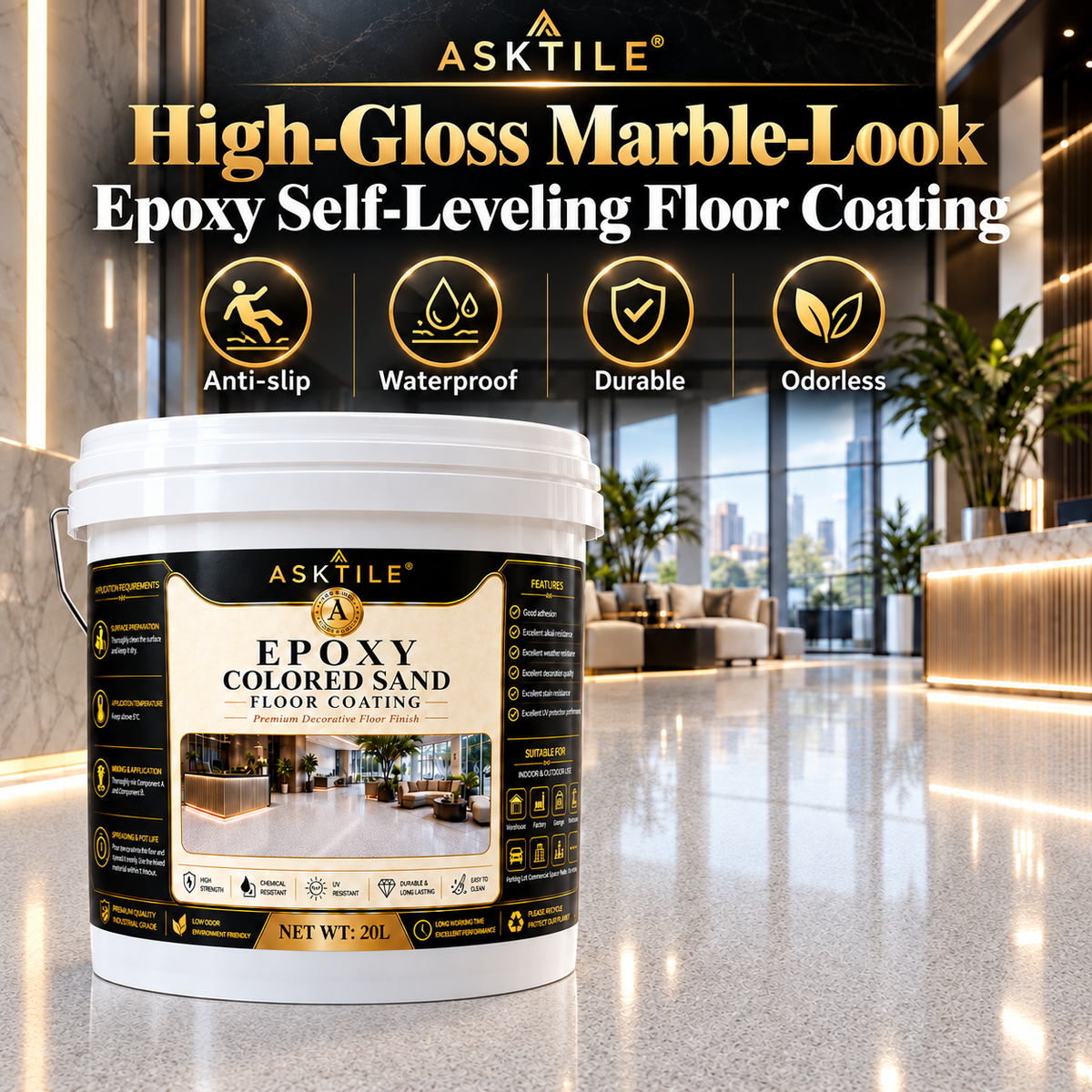 ASKTILE High-Gloss Marble-Look Epoxy Self-Leveling Floor Coating