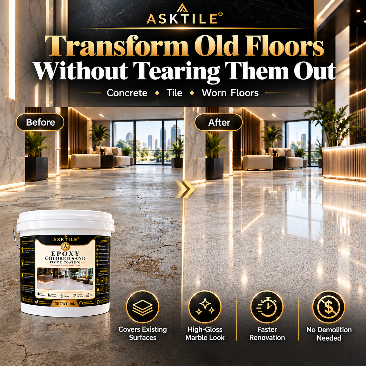 ASKTILE High-Gloss Marble-Look Epoxy Self-Leveling Floor Coating
