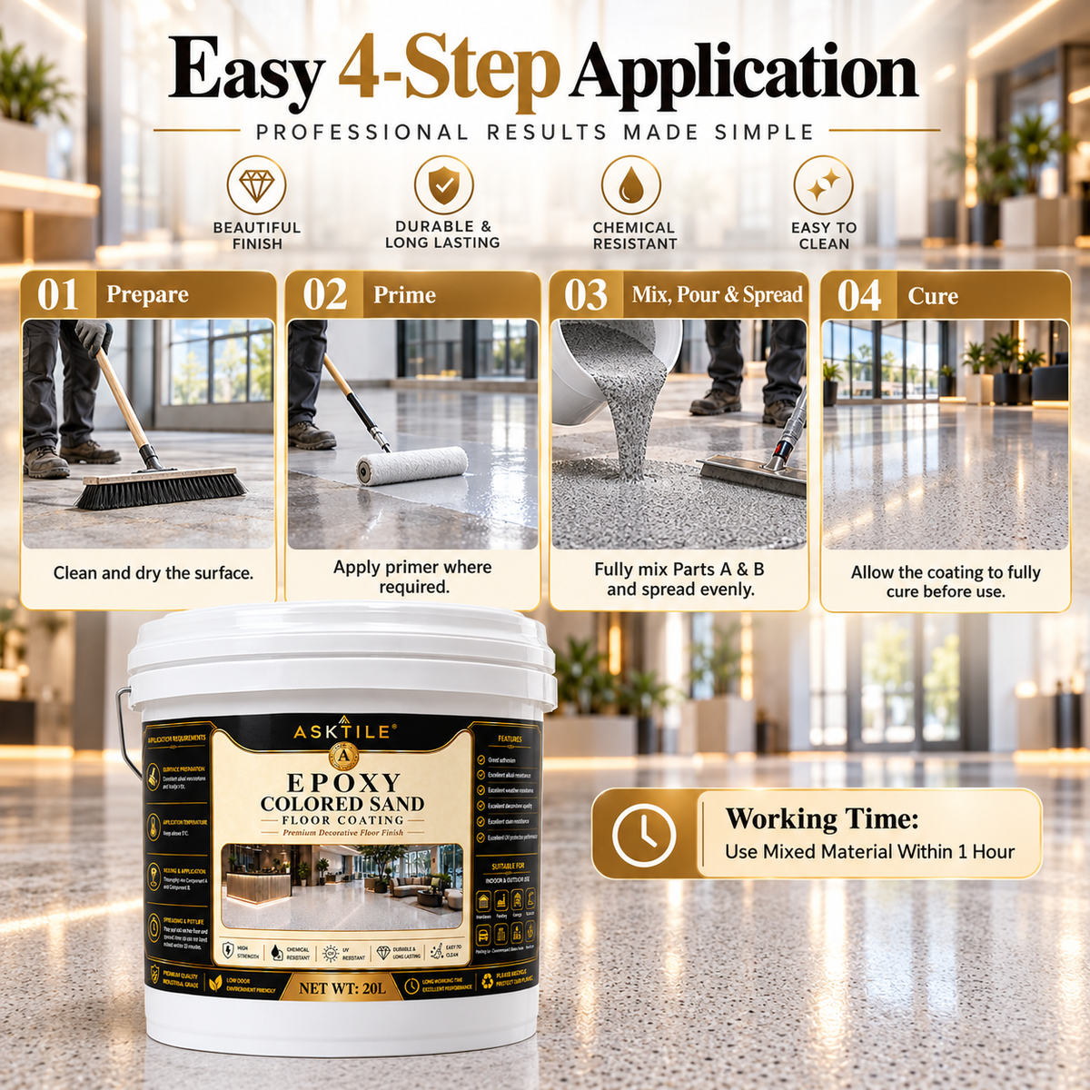 ASKTILE High-Gloss Marble-Look Epoxy Self-Leveling Floor Coating