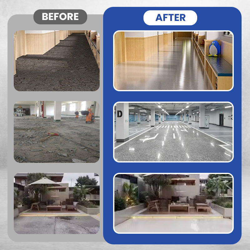 Before and after examples of worn floors upgraded with epoxy coating