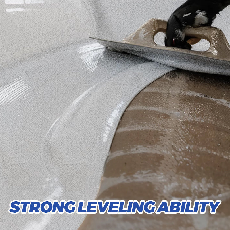 Self-leveling epoxy floor coating being spread across prepared flooring